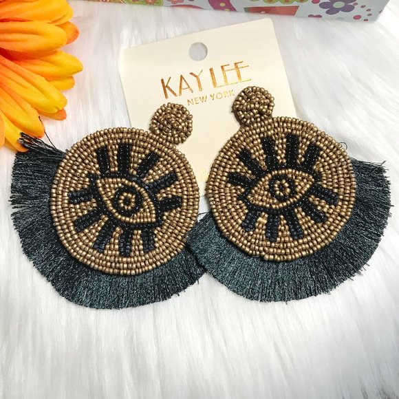 Boho Earrings Fringe Eye Seed Bead Large Post Drop - Picture 5 of 5